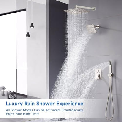Dual Rainfall Shower Head System Brushed Nickel, 3-Function Push Button Shower Faucet Set with 12" Wall Mount Rain shower head and 6" Wall Mount Shower Head, Pressure Balance Rough-in Valve - color: Brushed Nickel, style: Wall Mount