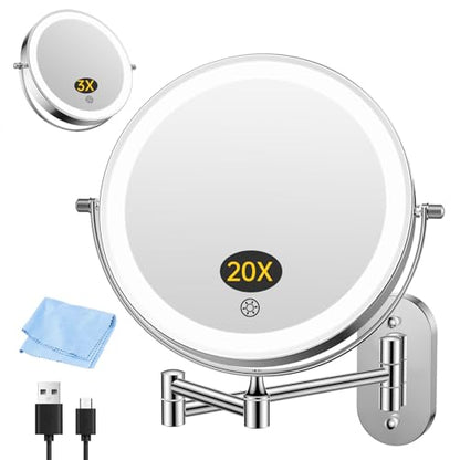 FUNTOUCH 5000mAh Rechargeable Wall Mounted Makeup Mirror with Lights 3X/20X | Double Sided Magnifying,3 Color Lights,Touch Dimmable, Extended Arm 360 Rotation Lighted Bathroom Mirror with Magnification - color: Chrome