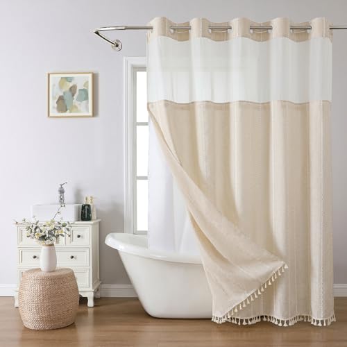 eachope No Hook Long Shower Curtain Set with Snap-in Fabric Liner,Linen Textured Thick Striped Fabric with Tassels,Boho Farmhouse Rustic Luxury Bathroom Curtain,Water-Repellent,Cream/Beige,71x80 | 230GSM Thick Fabric,Hotel Luxury Decor,Mesh Top Window,Wat