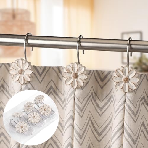 BreezeHug 12 Pcs Boho Shower Curtain Hooks Decorative Shower Curtain Hangers for Bathroom Rod Resin Round Rings with White Flower Pattern, Waterproof - style: Flower