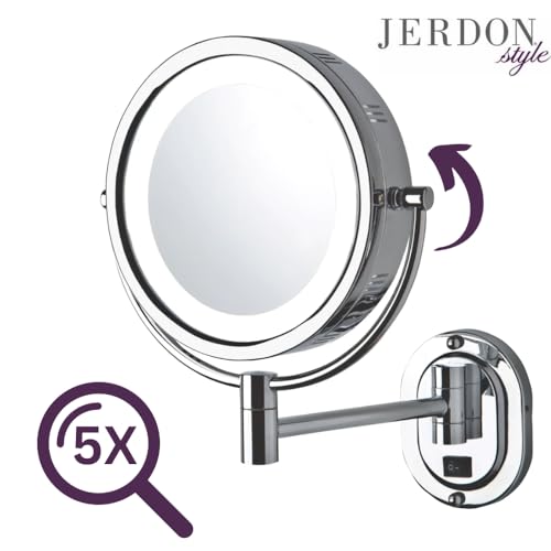 JERDON Two-Sided Lighted Wall-Mounted Makeup Mirror - Makeup Mirror with 5X Magnification & Wall-Mount Arm - 8-Inch Diameter Mirror with Chrome Finish Wall Mount - Model HL165CLD