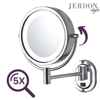 JERDON Two-Sided Lighted Wall-Mounted Makeup Mirror - Makeup Mirror with 5X Magnification & Wall-Mount Arm - 8-Inch Diameter Mirror with Chrome Finish Wall Mount - Model HL165CLD