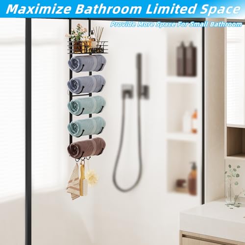 Over The Door Towel Rack 6 Tier with Metal Shelf and Hooks, Black | Wall Mounted, Rolled Towel Storage, Bathroom Door Holder Organizer