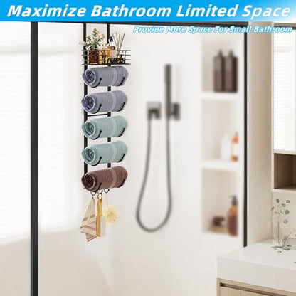 Over The Door Towel Rack 6 Tier with Metal Shelf and Hooks, Black | Wall Mounted, Rolled Towel Storage, Bathroom Door Holder Organizer