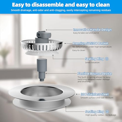 Hibbent 3 in 1 Kitchen Sink Drain Strainer, Stainless Steel Wrapped Shell Drain Stopper Combo, Pop Up Sink Stopper, 3 Anti-Clogging Metal Basket Strainer with Handle for US Standard 3-1/2" Drain - style: SUS304 Drain Part with 3 SUS304 Strainers