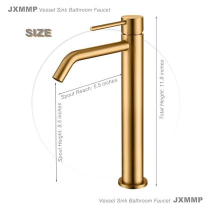 Brushed Brass Vessel Sink Faucet with Pop Up Drain and Supply Lines, Stainless Steel Brass Tall Bathroom Faucet Single Hole, JXMMP Gold Bathroom Faucet for Bowl Sink 1 Hole, JXM1001BTG - color: Brushed Brass, size: Tall Faucet