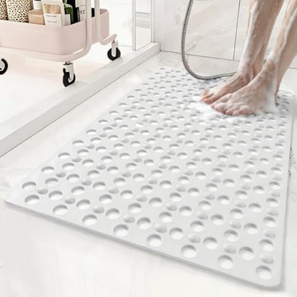 Non Slip Bathtub Mat and Shower Mat 31x17 inch,Bath Mat with Quick Dry Drain Holes and Suction Cups, Soft Comfortable Safe Bathroom Mat for Bath Tub, Floor, Tile (White)