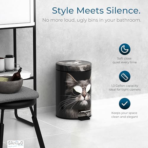 Sanilo Small Bathroom Trash Can with Lid [1.3 Gallon] - Lidded Tiny Trashcan for Garbage - Mini Metal Bin with Soft Closing Mechanism - Bath Room Accessoire Wastebin with Inner Bucket (Cool Cat) - color: Cool Cat