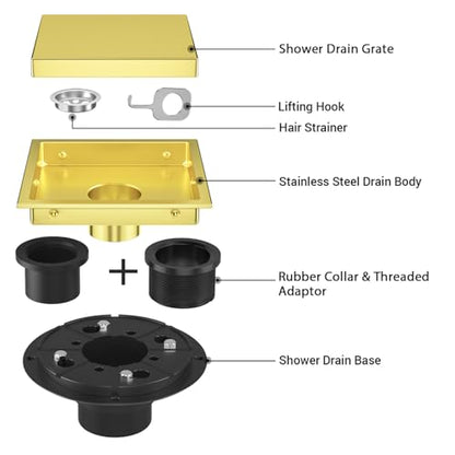 6 Inch Shower Drain Gold with Tile Insert Grate, Floor Drain Brushed 304 Stainless Steel, Including Hair Strainer - color: Gold, size: 6 IN