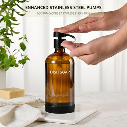 Glass Soap Dispenser Bathroom Set by Janxin, Foaming Kitchen soap Dispenser with Ceramic Tray for Dish Soap, Liquid Soap Dispenser for Hand Soap, Lotion, Body Wash (Amber) - color: Amber D