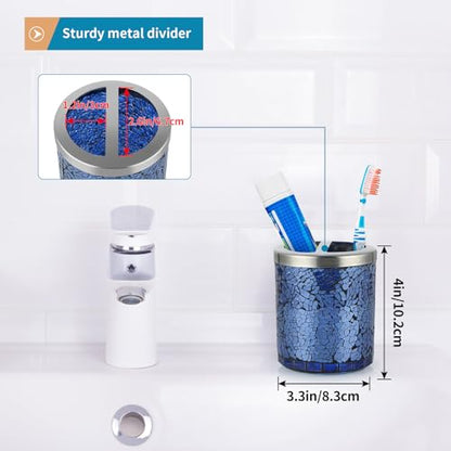 4 Pcs Mosaic Glass Bathroom Accessories Set, Modern Luxury Bath Ensemble, Includes Soap Dispenser, Cotton Swab Jar, Toothbrush Holder, Soap Dish (Shiny Blue)