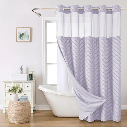 eachope No Hook Boho Farmhouse Shower Curtain with Snap-in Fabric Liner set-71Wx74H(72H),Tufted Chevron Striped Hotel Grade Cloth Shower Curtains for Bathroom with Window,Water Repellent,Lavender - color: Lavender, size: 71"W x 74"L (Pack of 1)