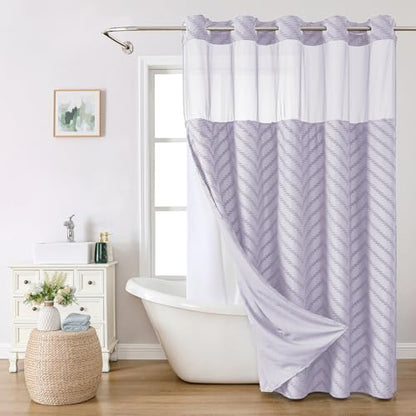eachope No Hook Boho Farmhouse Shower Curtain with Snap-in Fabric Liner set-71Wx74H(72H),Tufted Chevron Striped Hotel Grade Cloth Shower Curtains for Bathroom with Window,Water Repellent,Lavender - color: Lavender, size: 71"W x 74"L (Pack of 1)