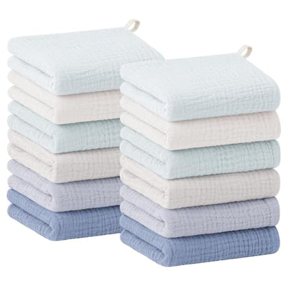 Bearmoss 12 Pack Baby Muslin Washcloths, 100% Cotton 10"x10" Face Towels | Soft Absorbent Bath Wash Cloths and Burp Cloths for Newborn Infants Kids Girls & Boys (Blue Gray) - color: Blue Gray