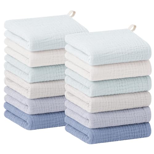Bearmoss 12 Pack Baby Muslin Washcloths, 100% Cotton 10"x10" Face Towels | Soft Absorbent Bath Wash Cloths and Burp Cloths for Newborn Infants Kids Girls & Boys (Blue Gray) - color: Blue Gray
