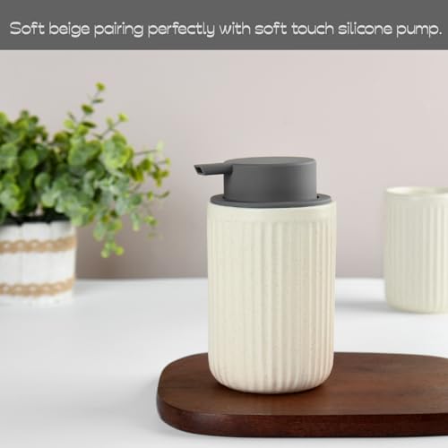 Speckled Beige Rippled Ceramic Foaming Soap Dispenser, Modern | Gray Silicone Pump, Modern Farmhouse Decor, Bathroom Counter Accent, Kitchen Sink Styling, Soft Neutral Home Aesthetic - color: Beige,brown,grey