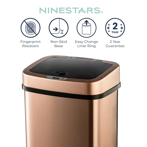 Ninestars 3 Gallon Automatic Trash Can, 12L Touchless Motion Sensor Bathroom or Bedroom Garbage Can with Odor-Sealing Lid, Rectangular Gold Stainless Steel Base, Black Lid - color: Rose Gold/Black