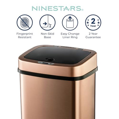Ninestars 3 Gallon Automatic Trash Can, 12L Touchless Motion Sensor Bathroom or Bedroom Garbage Can with Odor-Sealing Lid, Rectangular Gold Stainless Steel Base, Black Lid - color: Rose Gold/Black