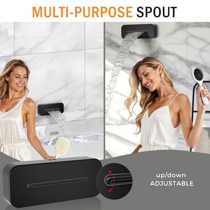 Thermostatic Digital Dual Rain Heads Tub Shower System Can Run Together | Matte Black 4-Way Shower Faucts Set with Waterfall Spout, 12" Rainfall + 6" Tilted Shower and Brass Handheld - color: Matte Black, style: 12” + 6" + Spout