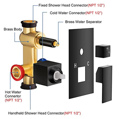 JOMEOO® 12 Inch Matte Black Shower System, Wall Mounted High Pressure Rain Shower Head with Handheld Sprayer, Bathroom Luxury Black Shower Head Shower Faucet Set Rough in Valve Body and Trim - color: Matte Black