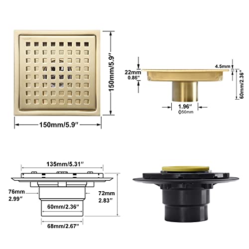 Brushed Gold Shower Drain Square，6 Inch SUS 304 Stainless Steel Removable Grid Strainer Cover,with Adjustable Drain Flange Kit Base PVC,Brass Finish