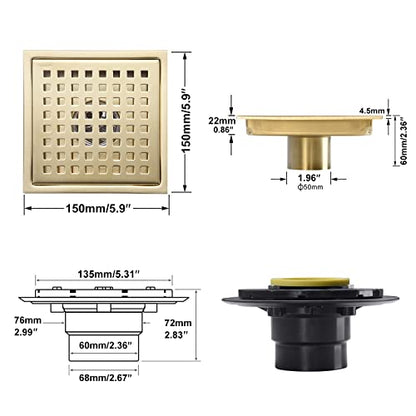 Brushed Gold Shower Drain Square，6 Inch SUS 304 Stainless Steel Removable Grid Strainer Cover,with Adjustable Drain Flange Kit Base PVC,Brass Finish