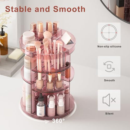 Jiavarry 360 Rotating Makeup Organizer with DIY 8 Adjustable Height, Pink | Lipstick Slots, Spinning Skincare, Brush and Perfume Storage, for Vanity Bathroom Countertop - color: Slot Top Pink