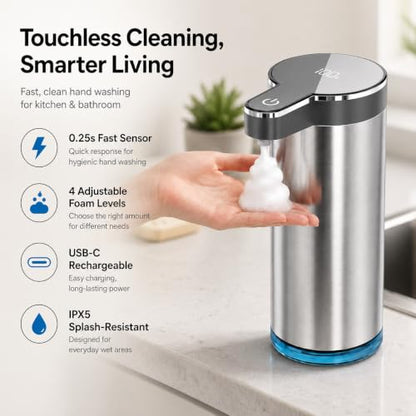 Automatic Foaming Soap Dispenser(IPX5 Waterproof, 12oz/350ml | Touchless Rechargeable Soap Dispenser for Kitchen & Bathroom, Stainless Steel, 4 Adjustable Foam Levels, USB-C - color: St-01 Foam Gray