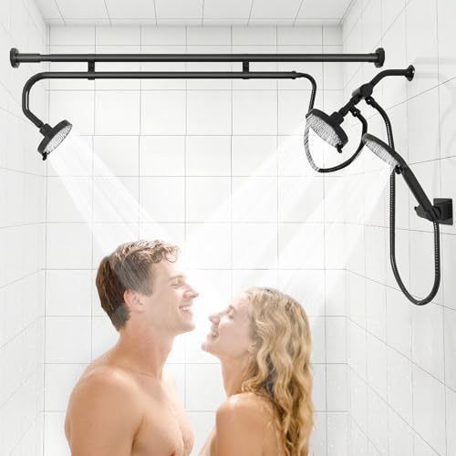 Tandem Shower Head, Dual Shower Heads for Two People & Handheld Head, Triple Shower Head High Pressure System,Adjustable Double Shower Heads - color: Black