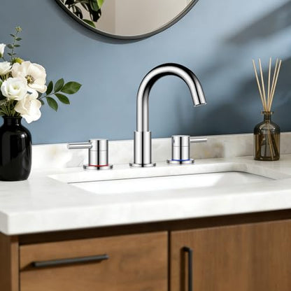 FGKQ 3-Hole 2-Handle Widespread Bathroom Sink Faucet, Chrome | Stainless steel, pop-up drain included, 360°swivel spout, for vanity sink 3-hole mount, 8-in widespread - color: Chrome