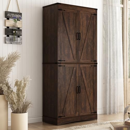 Hlivelood 71" Tall Kitchen Pantry,Farmhouse Storage Cabinet with Adjustable Shelves,Load-Bearing Steel Pipe,Farmhouse Pantry Cabinet with 4 Barn Doors, for Kitchen,Dining Room,Living Room(Brown) - color: Brown