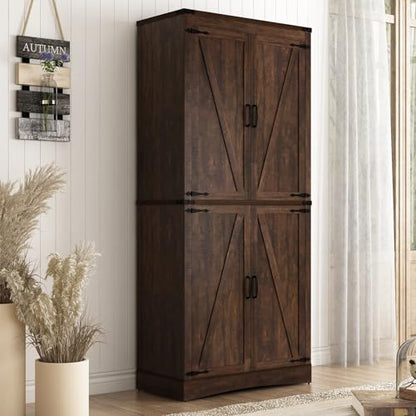 Hlivelood 71" Tall Kitchen Pantry,Farmhouse Storage Cabinet with Adjustable Shelves,Load-Bearing Steel Pipe,Farmhouse Pantry Cabinet with 4 Barn Doors, for Kitchen,Dining Room,Living Room(Brown) - color: Brown