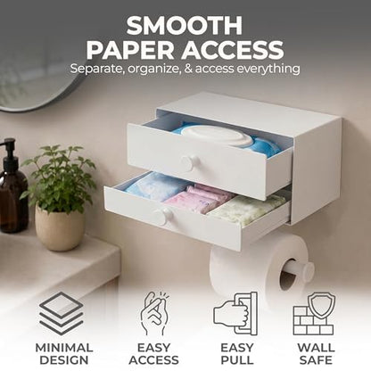 Toilet Paper Holder for Bathroom with Wipes Storage Drawers | Toilet Paper and Wipes Holder for Bathroom - Aluminum TP Holder with Adhesive or Wall Screw Mounting - White/White Knobs
