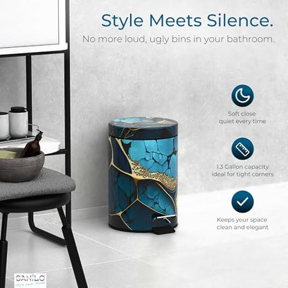 Sanilo Small Bathroom Trash Can with Lid [1.3 Gallon] - Lidded Tiny Trashcan for Garbage - Mini Metal Bin with Soft Closing Mechanism - Bath Room Accessoire Wastebin with Inner Bucket (Marble Cobalt) - color: Marble Cobalt