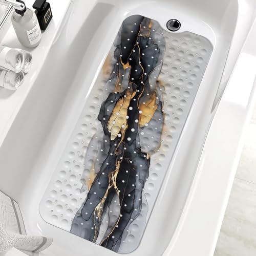 Marble Bath Tub Mat Non Slip, Black White Gold Marble Non Slip Bath Mat for Shower, Large Washable Shower mats for Showers with Drain Holes and Suction Cups,40 X 16 Inch - color: Black White Gold Marble