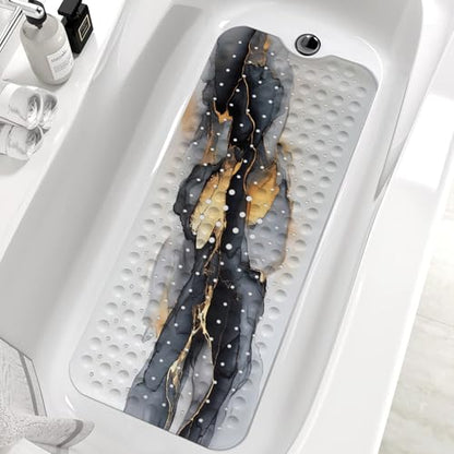 Marble Bath Tub Mat Non Slip, Black White Gold Marble Non Slip Bath Mat for Shower, Large Washable Shower mats for Showers with Drain Holes and Suction Cups,40 X 16 Inch - color: Black White Gold Marble