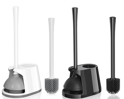 Toilet Plunger and Brush Set, 2 Pack Silicone Bowl Brush and Heavy Duty Toilet Plunger with Ventilated Holder, 2-in-1 Toilet Brush and Plunger Combo for Bathroom Deeply Cleaning (White & Grey)