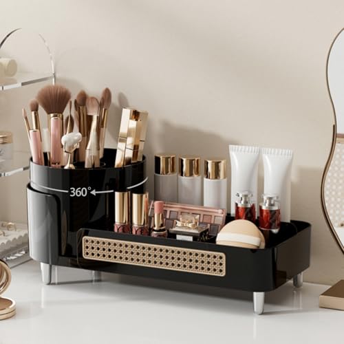 Booklov Rotating Makeup Organizer for Vanity Countertop, Black | Clear Acrylic Cosmetic Display Case, Large Beauty Brush Holder for Bathroom Counter, Skincare Lipsticks Storage - color: Onyx
