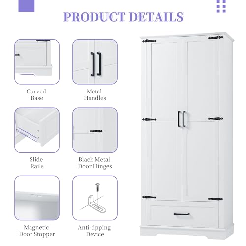 JIVOIT 69''H Tall Bathroom Storage Cabinet, Modern Storage Cabinet with Adjustable Shelves, Two Doors and One Drawer, Four Tiers Shelves, MDF Board - color: White * 147