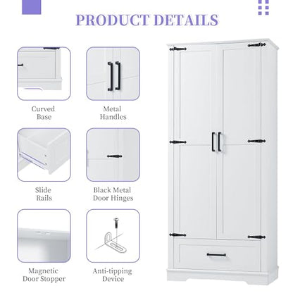 JIVOIT 69''H Tall Bathroom Storage Cabinet, Modern Storage Cabinet with Adjustable Shelves, Two Doors and One Drawer, Four Tiers Shelves, MDF Board - color: White * 147