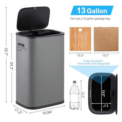 14.5 Gal/55L Trash Can with Lid, Automatic Touchless Garbage Can with Soft-Close Lid & Handle, Stainless Steel Waste Basket Motion Sensor Trash Can for Kitchen, Bathroom,Grey(No Inner Bucket) - color: Grey