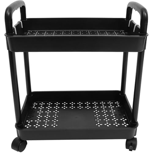 2-Tier Black Rolling Storage Cart with 4 Hanging Hooks - Slim Mobile Utility Cart Organizer, Compact Multi-Functional Narrow Rolling Shelf Rack on Wheels for Kitchen, Bathroom, Laundry Room, Office