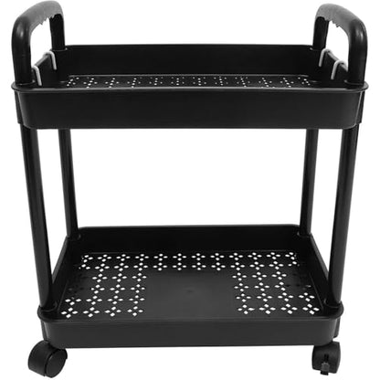 2-Tier Black Rolling Storage Cart with 4 Hanging Hooks - Slim Mobile Utility Cart Organizer, Compact Multi-Functional Narrow Rolling Shelf Rack on Wheels for Kitchen, Bathroom, Laundry Room, Office