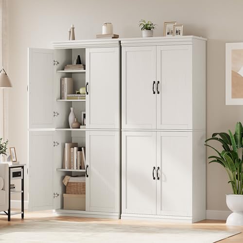 IDEALHOUSE Pantry Cabinet, White 4-Door with Adjustable Shelves, 70" H | Freestanding Cupboard with 5 Interior Compartments, Dining Room, Kitchen, Bathroom, Living Room