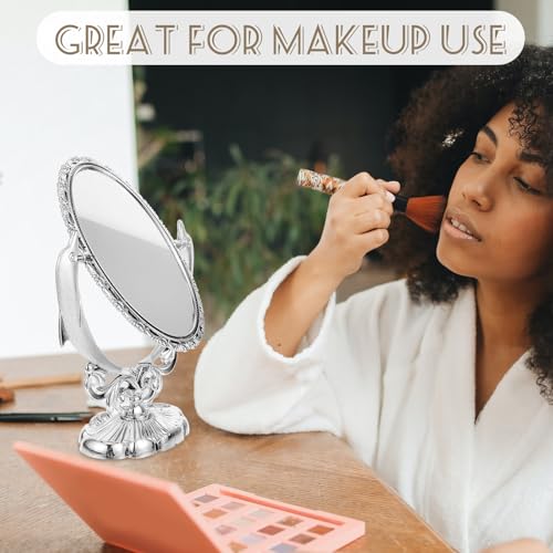 Baluue Double-Sided Tabletop Cosmetic Mirror with Swivel Stand Silver Decorative Vanity Mirror for Makeup Desk for Home Beauty and Dressing Table