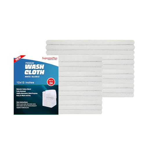 Premium White Wash Cloths - 600 GSM, 12 x 12 Inch, Pack of 24, Ring Spun Cotton Blend - Soft, Durable, Absorbent Washcloths for Face and Body, Machine Washable - size: Pack of 24
