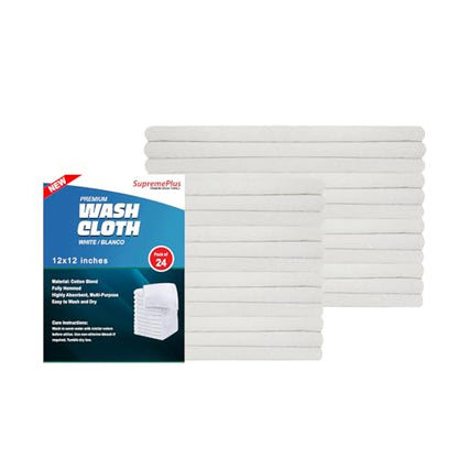 Premium White Wash Cloths - 600 GSM, 12 x 12 Inch, Pack of 24, Ring Spun Cotton Blend - Soft, Durable, Absorbent Washcloths for Face and Body, Machine Washable - size: Pack of 24