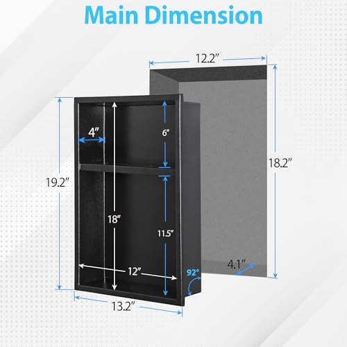 304 Stainless Steel Shower Niche 12” x 18” for Bathroom Storage | Matte Black Recessed Shower Niche No Tile Needed with 2-Tier Shelves for Bathroom Space Saving - size: 12 x 18 inch