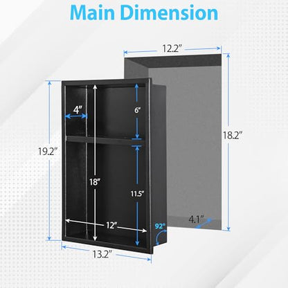 304 Stainless Steel Shower Niche 12” x 18” for Bathroom Storage | Matte Black Recessed Shower Niche No Tile Needed with 2-Tier Shelves for Bathroom Space Saving - size: 12 x 18 inch