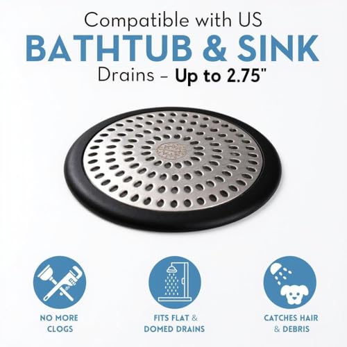 Drain Hair Catcher & Stopper Combo – Tub ShowerRing + StopRing Set for Bathtub & Sink | Stainless Steel Strainer + Silicone Drain Plug | Clog-Free, Universal Fit (Black, 2 Pack) - color: Black